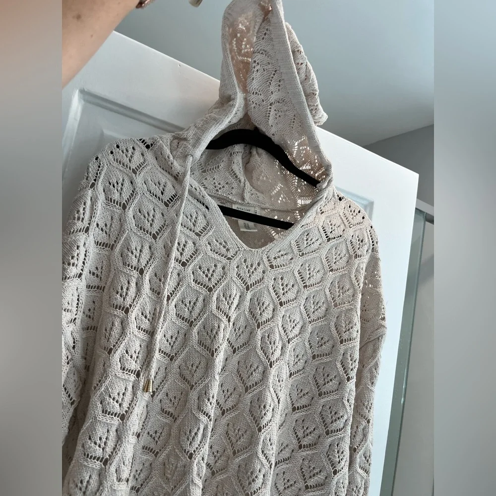 New no tag Artelier Nicole Miller Ivory beige Crochet Hooded Knit Sweater  1x - Picture 10 of 13